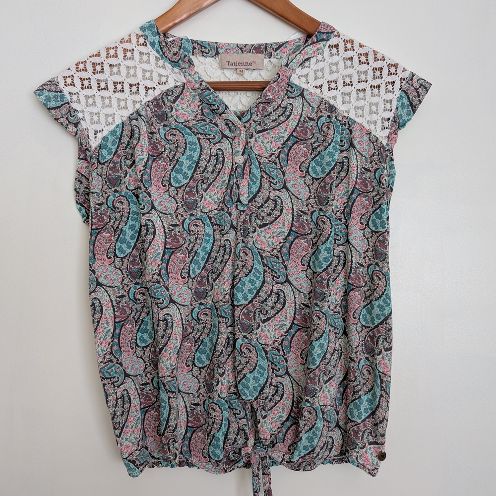 Blue Gray Cap Sleeve Blouse with Tie Front